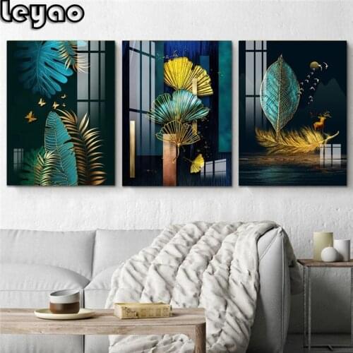 DIY Diamond painting 3 Panels Chinese Style Green and Gold Leaf Full Square 5D Diamond Embroidery Sale Diamond Mosaic Picture