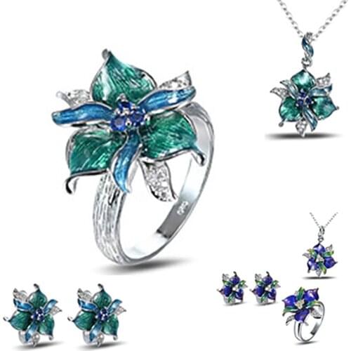 2020 Colorful Hope Flower Jewelry Sets For Women Engagement Party Silver Plated Ring/Stud Earring/Necklace Fashion Female Gifts