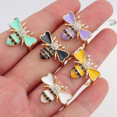 2021 New Colourful Enamel Bee Rings for Women Black Zircon Female Finger Stacking Multiclolor Ring Wedding Party Jewelry Gifts