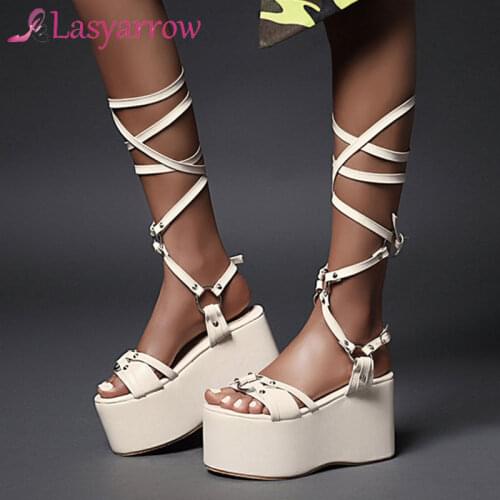 Lasyarrow Woman Sandals Gladiator Ladies Ankle Wrap Wedges Women Platform Shoes Female Fashion Lace Up Shoes Womens Footwear