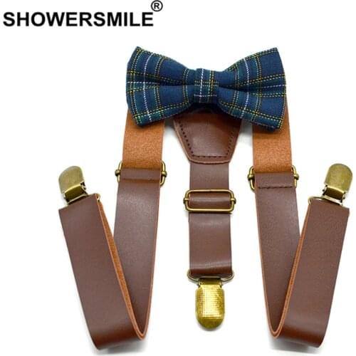 SHOWERSMILE Kids Suspenders With Bow Tie Leather British Style Boys Suspenders Vintage Wedding Brown Children Braces 75cm*2.5cm