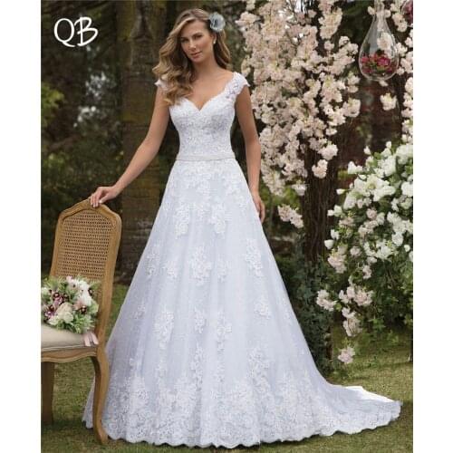 Vestido de Noiva 2019 New Wedding Dresses A-line Cap Sleeve Tulle Lace Beading Pearls Formal Sexy Bridal Wedding Gown SF50