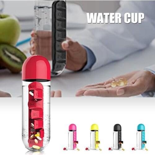 Free Travel 7 Day Pill Cup 2-in-1 Water Bottle 600ml with Pill Box Organizer Travel Use A7