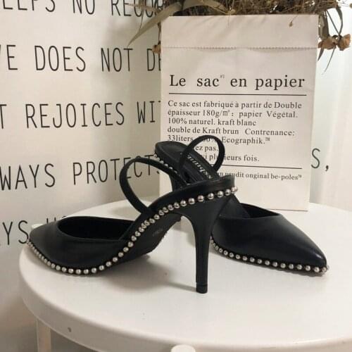 Free shipping fashion women Pumps Black leather studded spikes point toe slingback high heels party shoes bride wedding shoes