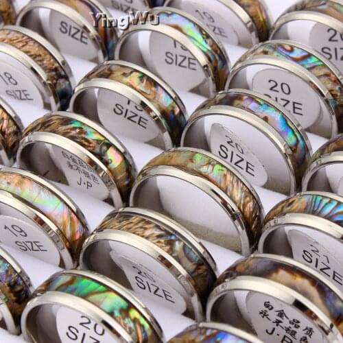 Yingwu 20pcs/lot Fashion creative 8mm mens ring 316L titanium steel abalone shell ring wedding ring boyfriend gift SZ 7-11