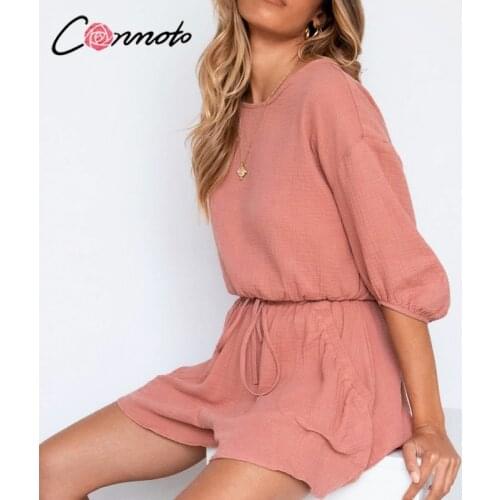Conmoto Pockets elastic waist lace up woman suits Round neck button decoration summer sets Pure color loose slim suit female