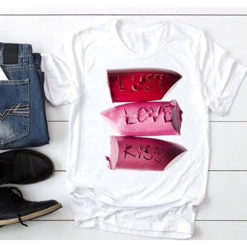 Women Make Up Sexy Lip Funny Short Sleeve 90s Fashion Cartoon Summer Lady Print Tee Graphic T Top Female Tshirts Clothes T-Shirt