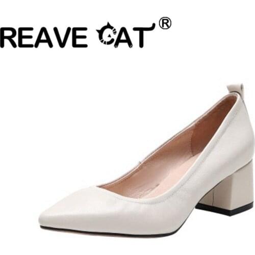 REAVE CAT 2021 Pointed Toe Pleated Pumps For Women Block Heels Comfort Big Feet High Heels Women Wedding Party Shoes Woman 42