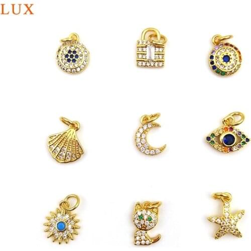 5pcs Evil Eye Moon Star Cat Lock Micro CZ Pave Zircon Pendant Gold Color Brass Metal for Women Necklace Bracelet Jewelry Making