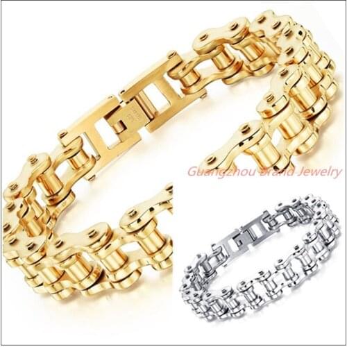 8.46"13mm 59g 2015 Hot Fashion 316L Stainless Steel Silver Gold color Motorcycle Chain Biker Jewelry Mens Womens Bracelet Bangle