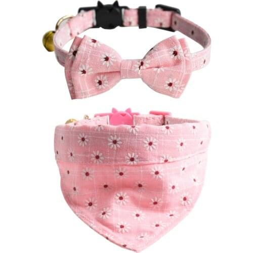 2 Pack Breakaway Bowtie Cat Collar with Bell Flower Floral Bandana Kitten Collar for Kitty Puppy Adjustable Size 7.8 to 10.2Inch