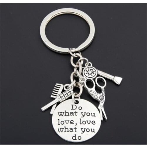 1pc Hairstylist Keychain Comb Hair Dryer Scissors Key Chains Alloy Gold Silver color Keyring For Women Men Jewelry Barber Gift
