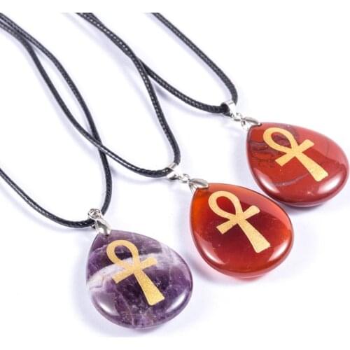 Engraved Egyptian Natural Crystal Stone Ankh Cross Pendant Amulet Power Of Life Classical Necklace with cross Fashion Jewelry