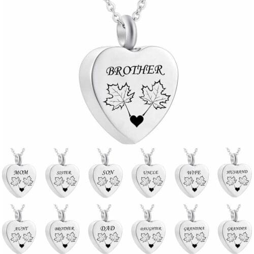 Dad Mom Grandma Maple leaf Leaves Stainless Steel Cremation Jewelry Memorial Heart Urn Necklace For Ashes Pendant +Fill Kits