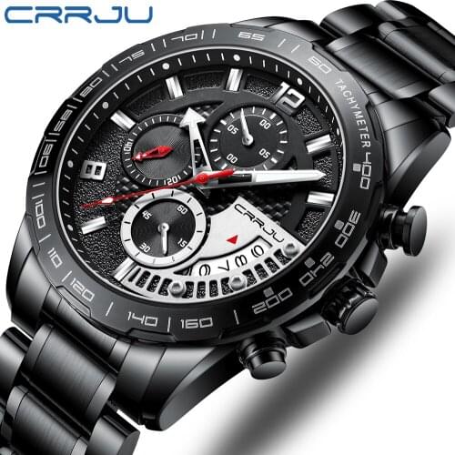 CRRJU Men Stylish Watch Classic Luxury Fashion Perfect Gift Chronograph Stainless Steel Waterproof Clock with Date Black Silver