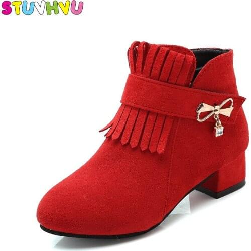 Girls Martin Boots Shoes Winter 2019 Childrens Boots Autumn Winter Short Boots High-heeled British Metal Bow Rhinestone Tassel