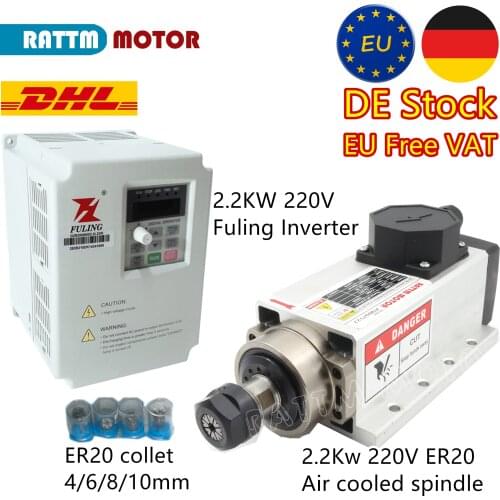 EU Ship! Square 2.2kw ER20 Air Cooled Spindle Motor 220V 24000rpm Ceramic Bearing & Fuling Inverter& 4Pcs Collet for CNC Milling