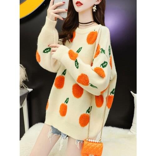 H.SA 2021 Winter Sweater Pullover Women Cute Fruit Sweater Pull Jumpers Orange Apple Printed Korean Tops Oversized Jumpers
