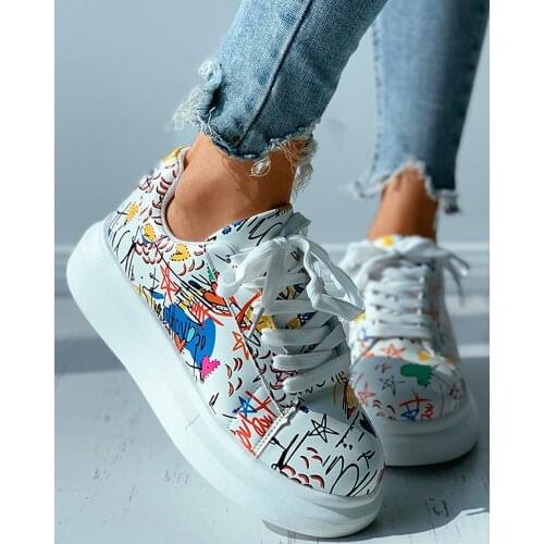 New Floral Sneakers Women Fashion Lace Up Ladies Casual Shoes Female Comfortable Sport Running White Flats Outdoor