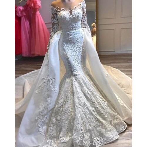 Luxury Mermaid Wedding Dresses With Detachable Overskirts Sheer Neck Beaded Long Sleeve Bling Long Train Lace Bridal Gowns 2020