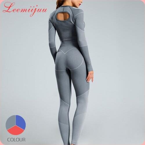 LEEMIIJUU 2pcs/set Sport Suit Yoga Set Gym Workout Clothes Long Sleeve Fitness Crop Top + High Waist Energy Seamless Leggings