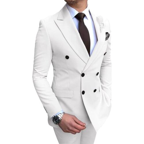 Double Breasted Men Suits White Groom Tuxedos Peak Lapel Groomsmen 2 Pieces Wedding Best Man ( Jacket+Pants+Tie ) C971