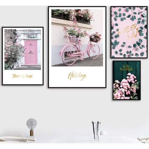 Pink Flower Leafs Bicycle Door Landscape Wall Art Canvas Painting Nordic Posters And Prints Wall Pictures For Living Room Decor