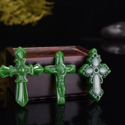 Natural Green Jade Cross Jesus Pendant Necklace Chinese Hand-Carved Fashion Charm Jewellery Amulet for Men Women Lucky Gifts