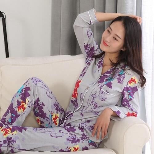 New Purple Long Sleeved Pyjamas Women 100% Cotton Pijama Mujer Japanese Pajama Set Full Length 2 Piece Women Wear House Clothing