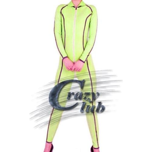 New arrival Women Latex Uniform Light Green Latex Catsuit Rubber Latex sport catsuit with Rim and zip back Latex Fetish teddy