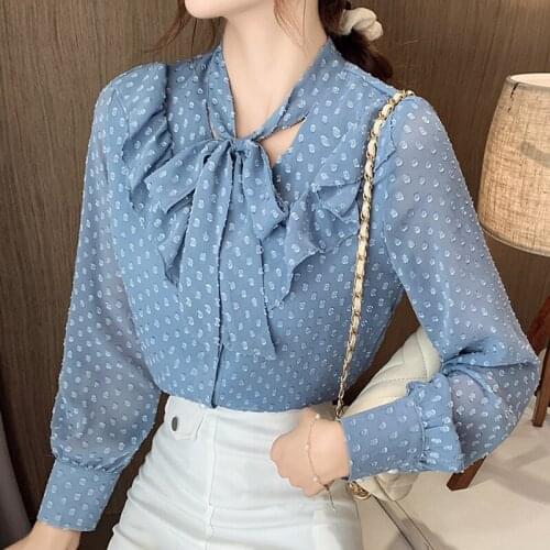 Autumn Ruffles V-Neck Dot Chiffon Blouse Shirt Tops Women Blouse Women Blusas Mujer De Moda 2021 Long Sleeve Women Blouses D581