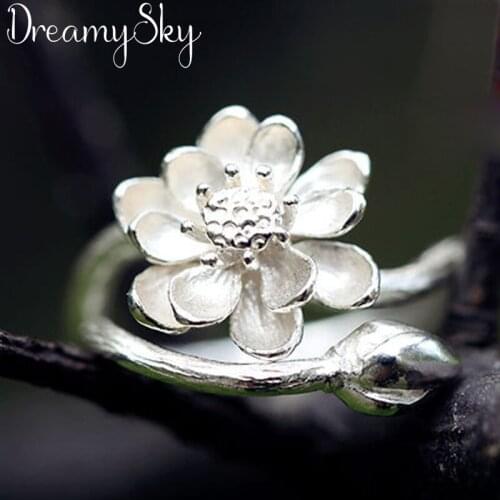 Luxury Jewelry Trendy Silver Color Antique Lotus Open Rings For Women Ladies Large Adjustable Size Ring Joyas De Plata