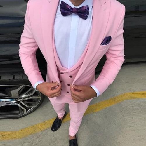 Pink Prom Men Suits Slim Fit 3 Pieces Groom Tuxedo for Wedding Party Peaked Lapel Casual Male Fashion Jacket Waistcaot with Pant