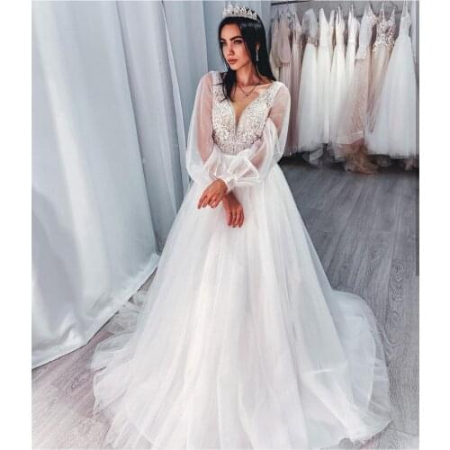 Wedding Dress 2021 Long Sleeve Lace Appliques A-Line With White Sweep Train Floor Length Women Bridal Gowns Elegant For Women