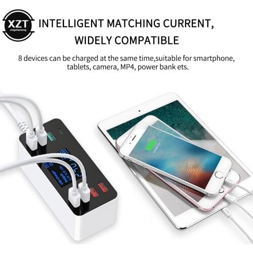 Quick Charger 3.0 USB HUB Charger 40W USB Type C Fast Charging Station Dock Mobile Phone 8 Port Multi Smart Charger LED Digital