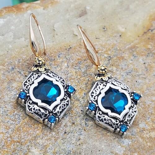 Vintage Palace Flower Pattern Blue Crystal Zircon Dangle Earrings for Women Luxury Wedding Statement Drop Earing Boho Jewelry