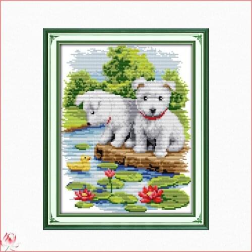 The Dog Cross Stitch Cute Animals 14ct 11ct White Fabric Cotton Thread Embroidery DIY Handmade Needlework Set Home Decor