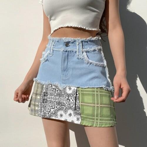 Plaid Patchwork Denim Skirt Sexy Casual Fashion Summer 2021 Mini Skirts Elegant Harajuku Pocket Button High Waist Women Skirt