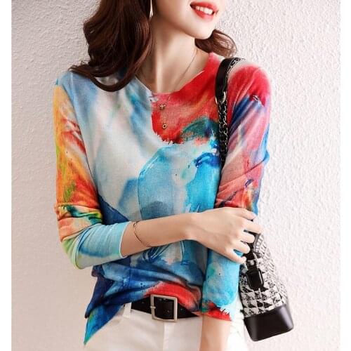 2021 Shirts for Women New Fashion Autumn Casual Loose Full Sleeve Tops Vintage Printed Blouse Female O-neck Knitted Blouse W768