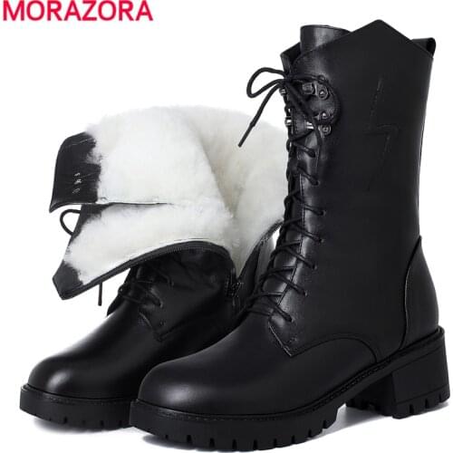 MORAZORA Size 35-43 New Genuine Leather Boots Women Zipper Square Heels Nature Wool Warm Winter Snow Boots Ladies Ankle Boots