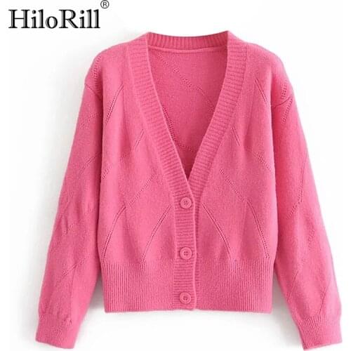 HiloRill Chic V Neck Cardigan Sweater Women Long Sleeve Hollow Out Solid Tops Knitted Casual Elegant Coat Cardigan Mujer 2021