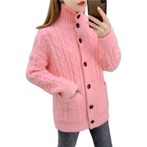 Womens Solid Color Stand-Up Collar Knitted Cardigan 2021New Autumn Winter All-match Long-Sleeved Sweater Womens Jacket D1090