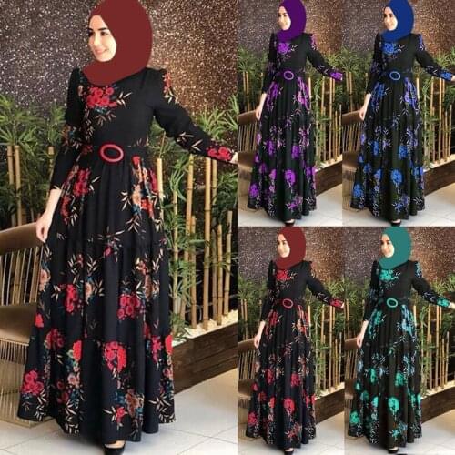 Long Sleeve Flower Print Women Muslim Dress Ethnic Floral Print Belt Women Skirt Maxi Kaftan Robe Womens Dress Woman Dresses