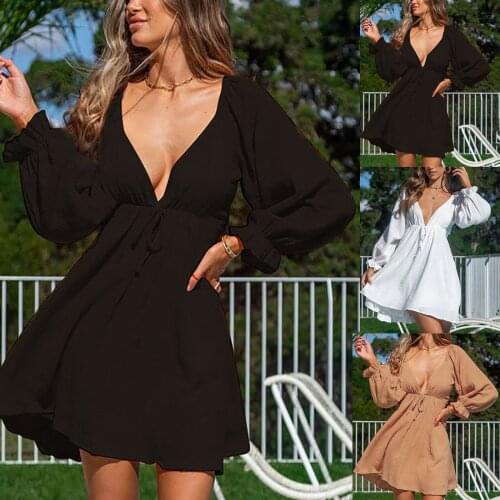 Summer Dress 2021 Womens V-Neck Solid Color Loose Fashion Summer Backless Long Sleev Dress dresses Black dress vestidos