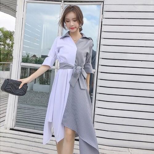 Mujer Vestidos Summer 2020 New Loose Korean Header stripes Cold Wind Dress Womens Waist Stitching Short sleeve Dresses Z600