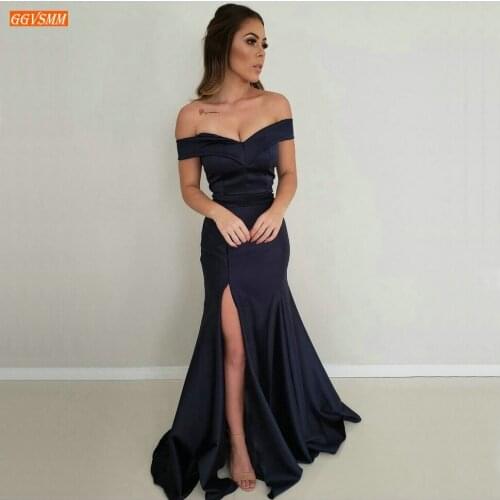 Dark Navy Mermaid Evening Dress 2020 Off Shoulder Zipper Satin Evening Gown Long Vestido De Novia Custom Made Formal Women Dress