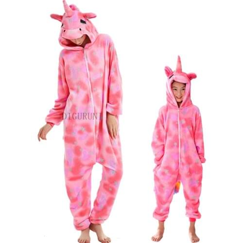 Unicorn Adult Winter Pajamas Women Men Girls Flannel Sleepwear Unisex Cute Stitch Totoro Cartoon Animal Pajamas Set Kids Pyjamas