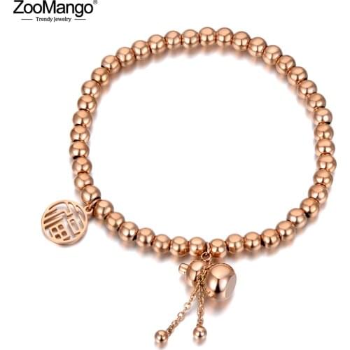 ZooMango Ethnic Chinese Style Stainless Steel Good Luck & Gourd Charm Bracelets For Women Rose Gold Beaded Bracelet ZB20138