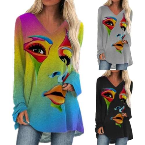 2021 Womens Loose Pullovers Long Tops Ladies Tee Casual Abstract Face Print Shirts Long Sleeve Top Fashion T Shirt S-5XL Black