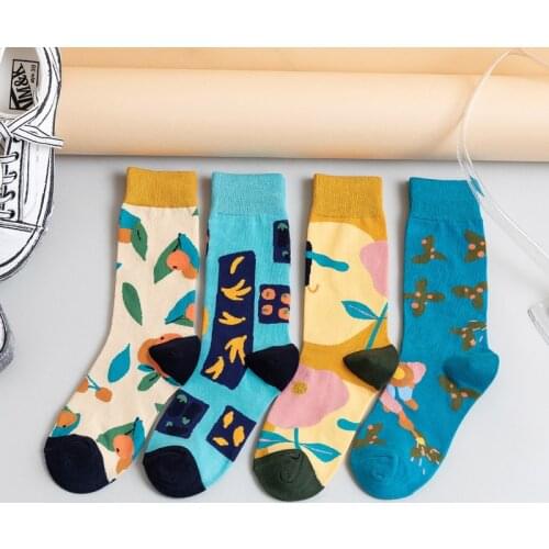 4Pairs/Lot Unisex Socks Funny Creative Jacquard Cotton Skateboard Sock Women Men Cartoon Heart Fruits Food Portrait Happy Socks